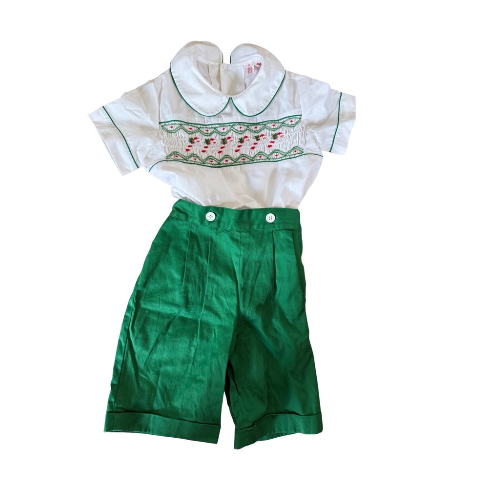 Orient Express Vintage Boys Smocked Christmas Candy Cane Short Set Green White 5